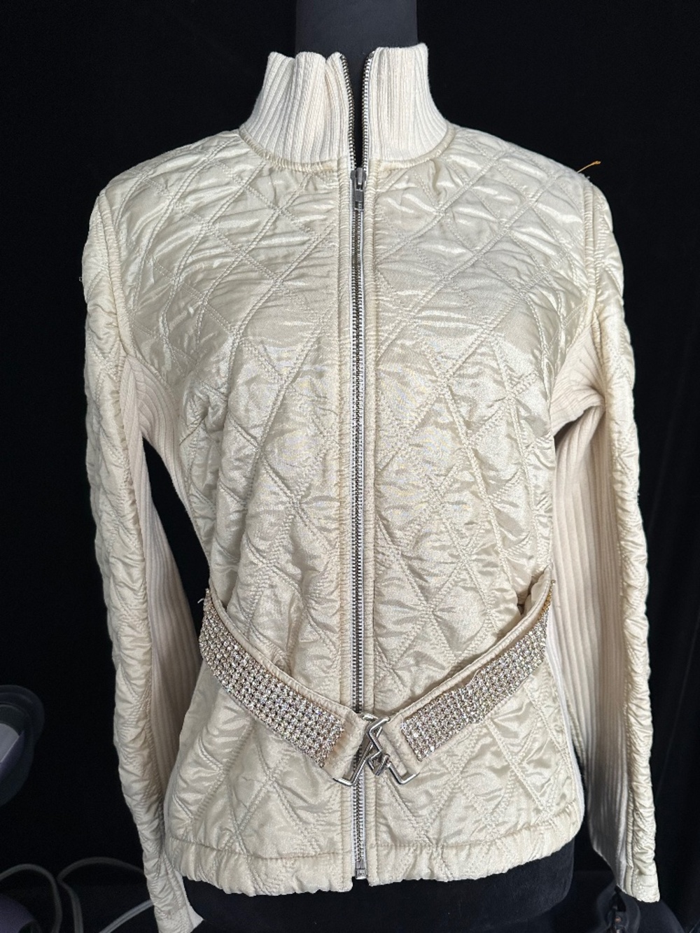 Vintage ALLEN b. Quilted knit sweater with rhinestone belt.